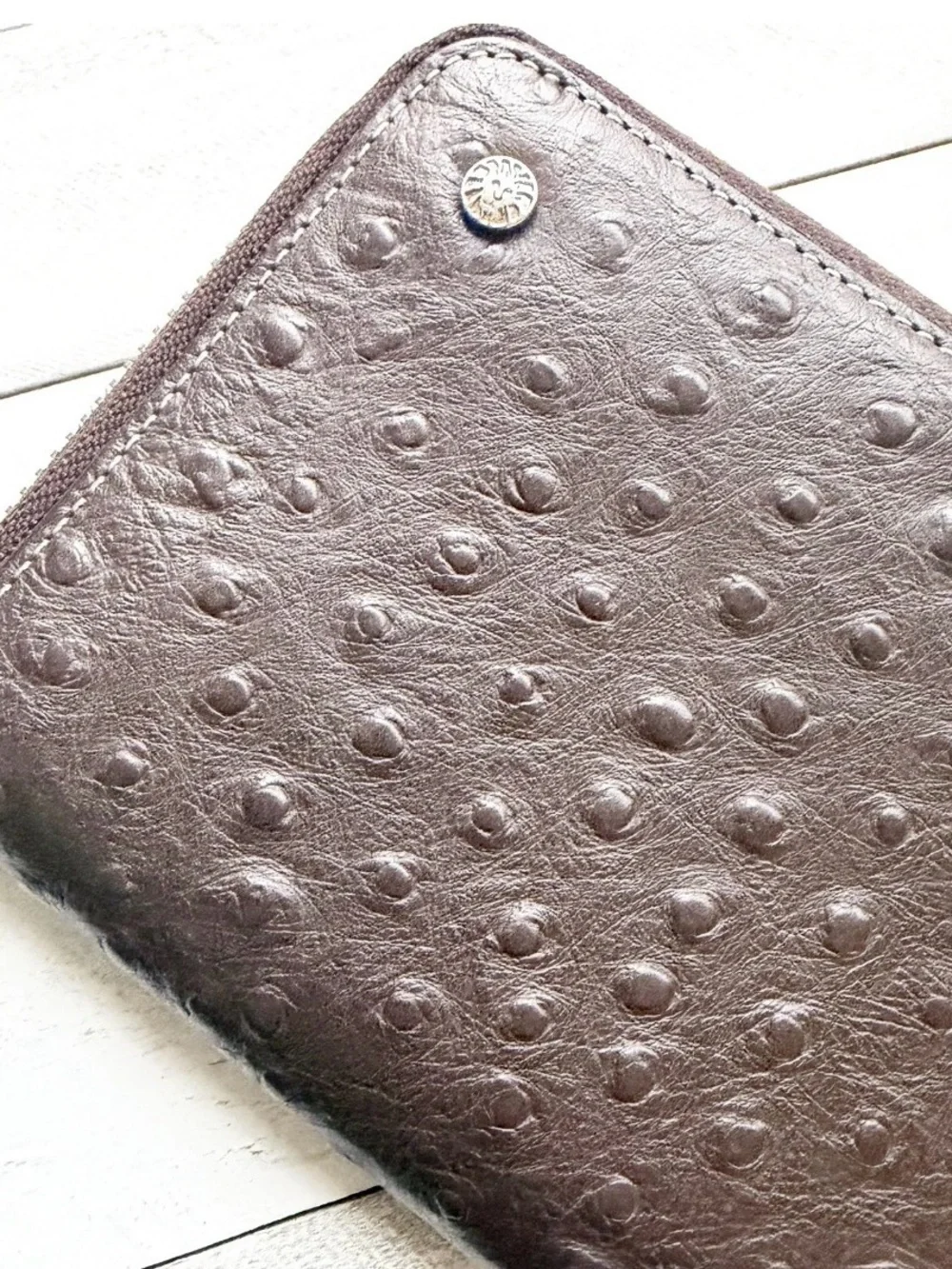 Anne Klein Genuine Ostrich Leather Zip Around Continental Wallet Brown 8
